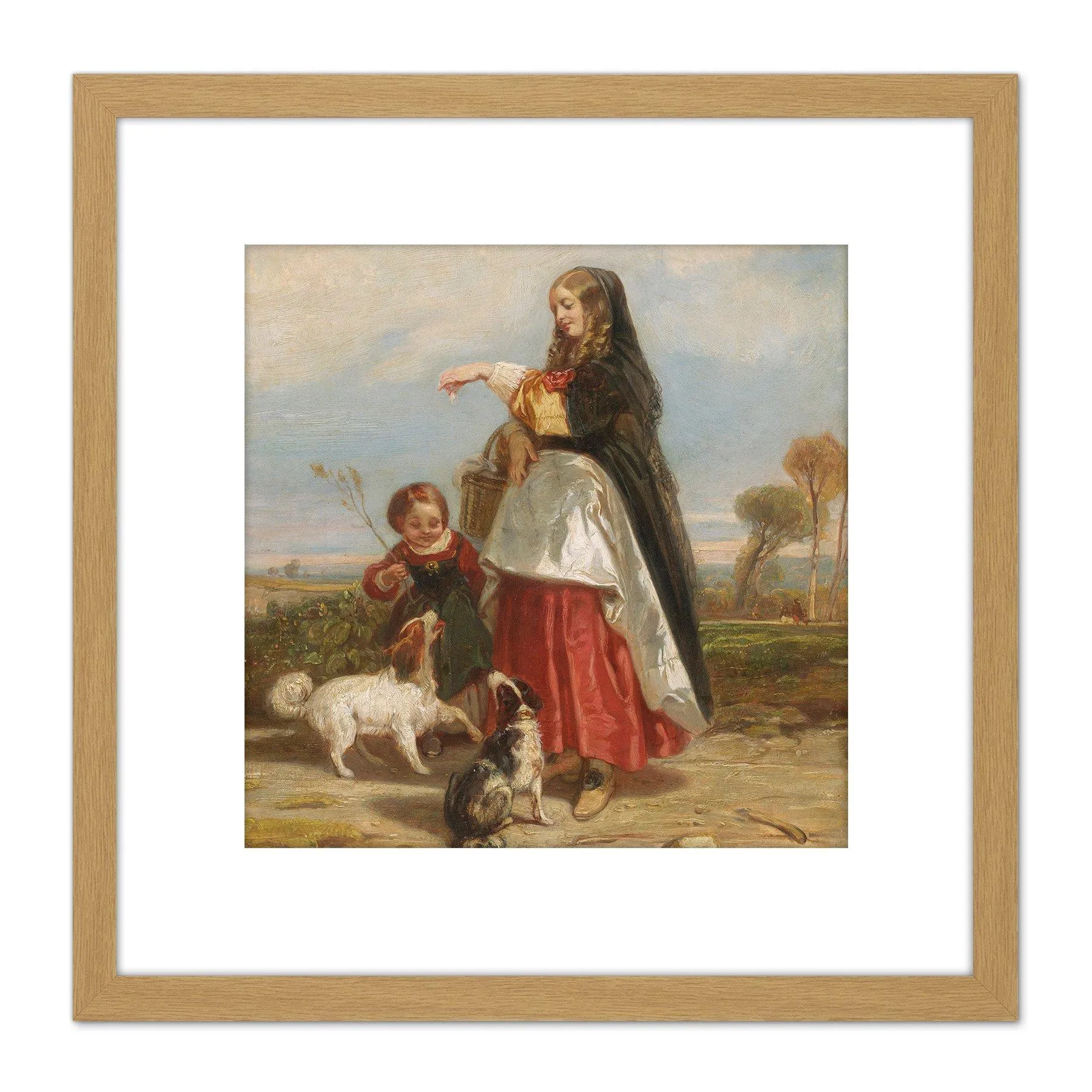 Artery8 Etienne Roqueplan Woman And Child With Dogs Painting 8X8 Inch Square Wooden Framed Wall Art Print Picture with Mount