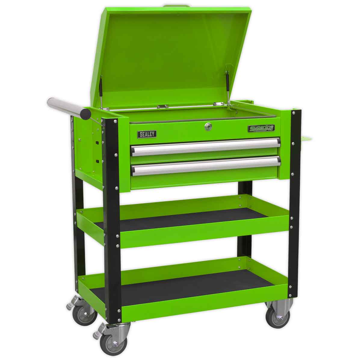  2 Drawer Heavy Duty Mobile Tool and Parts Trolley Green & Black