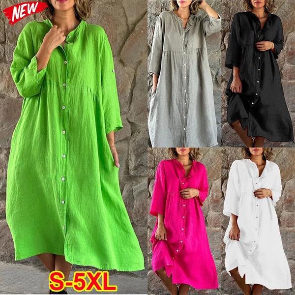 Fashion Bag01 Fashion Women Long Sleeved Dresses Button Casual Dresses Solid Color Elegant Dresses Loose Maxi Dress Plus Size XS-5XL 5XL white