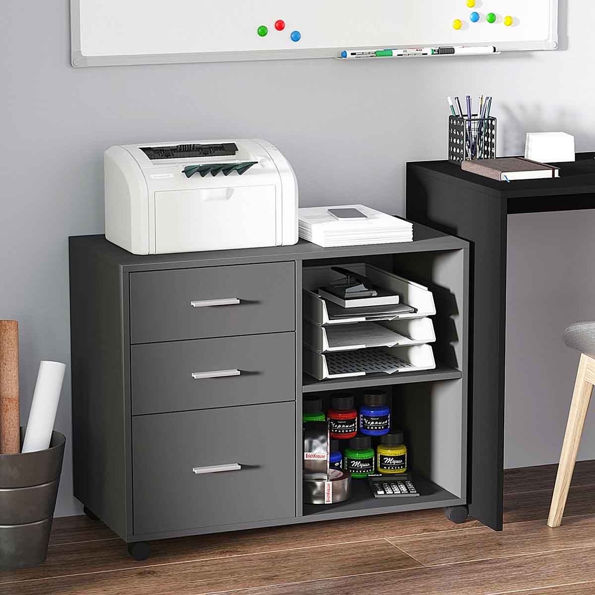 Homcom Freestanding Storage Cabinet With 3 Drawers 2 Shelves 4 Wheels Office Grey
