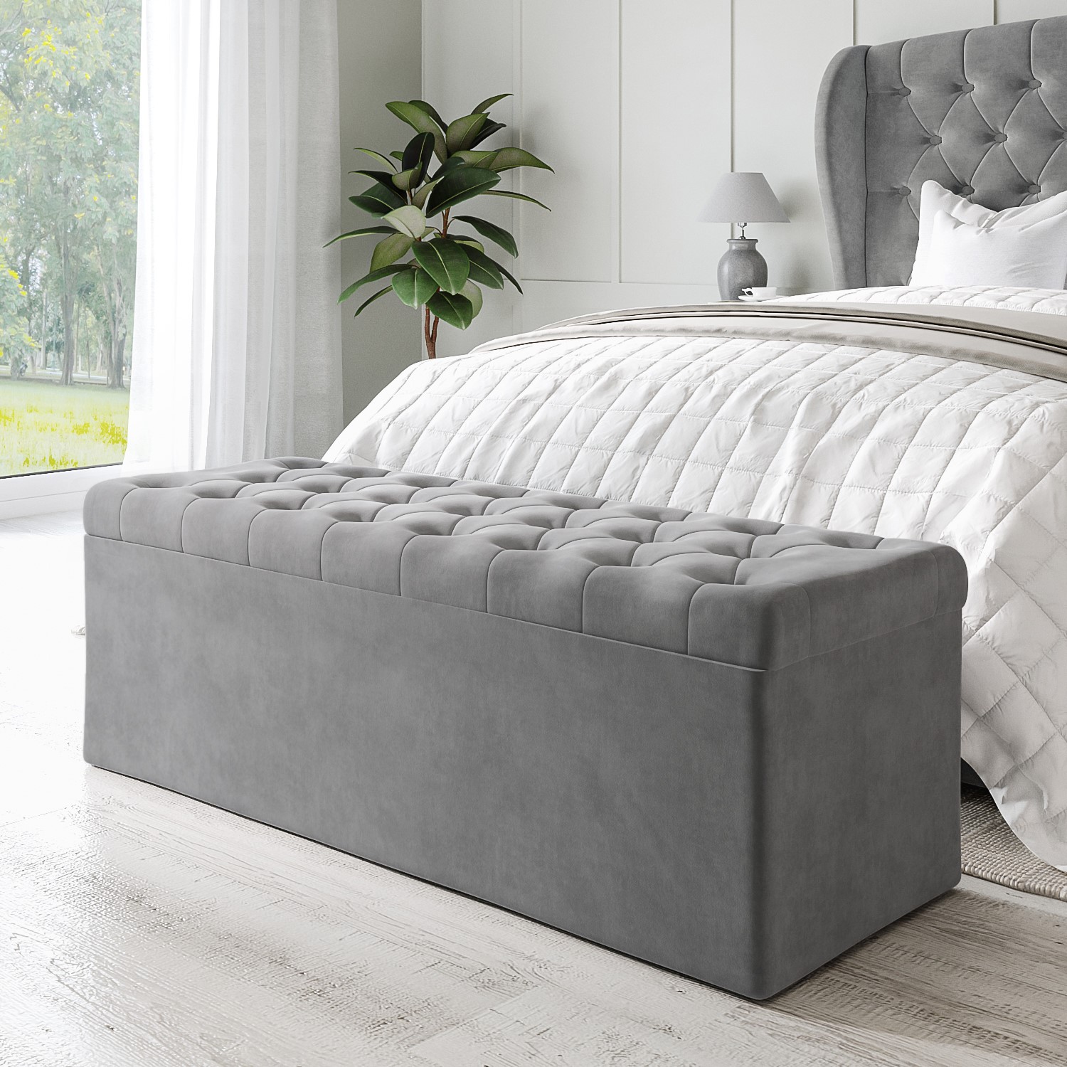 Safina Grey Velvet Ottoman Storage Blanket Box - Safina
