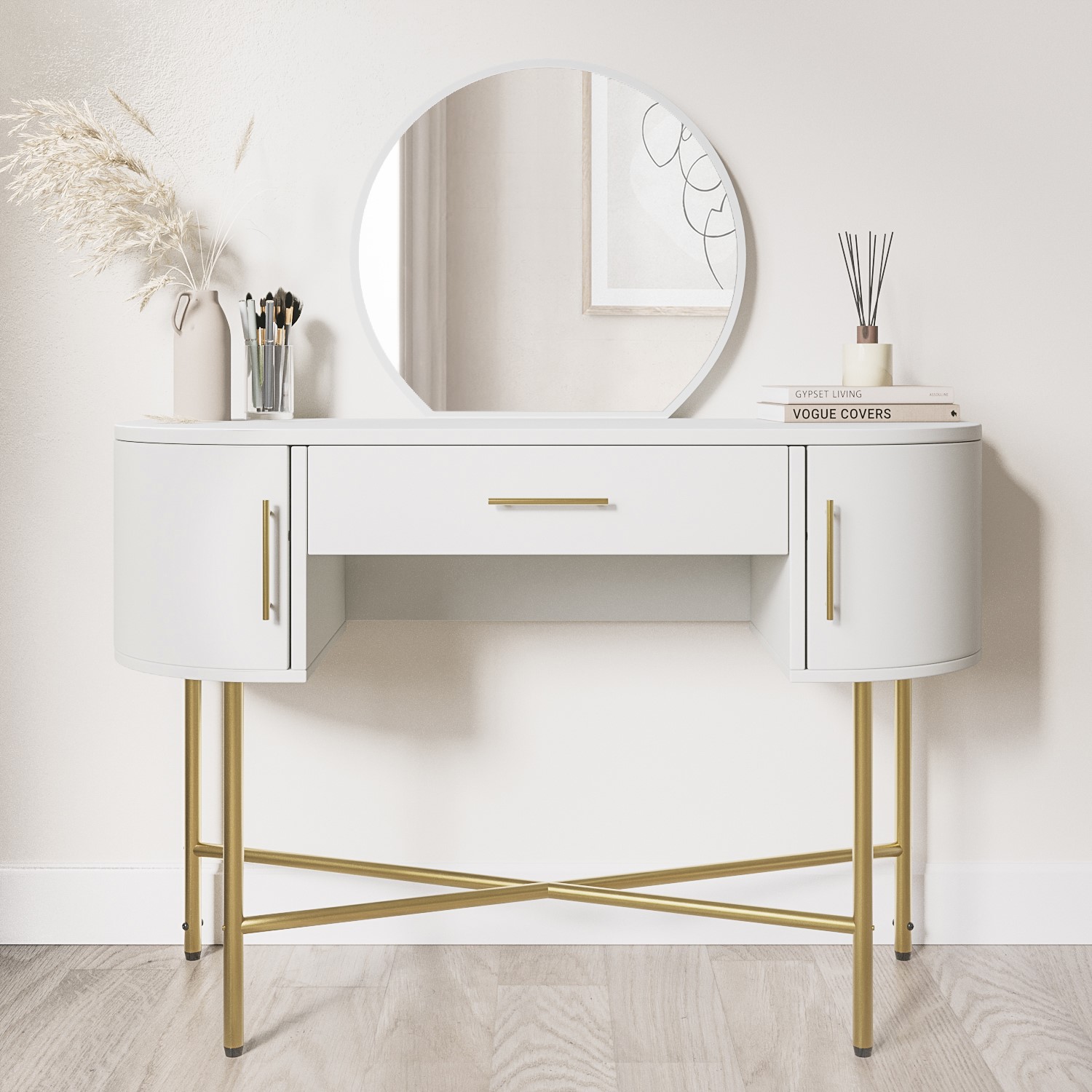 Gigi White Marble Top Dressing Table with Mirror and Storage Drawers -