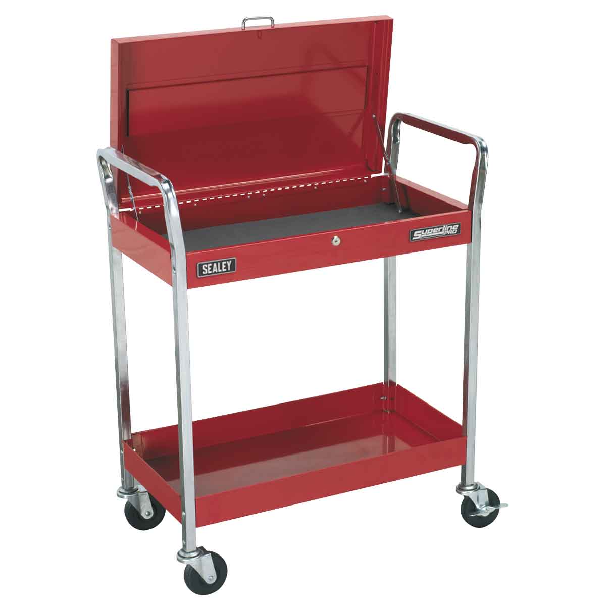  Heavy Duty 2 Shelf Trolley with Lockable Top Red