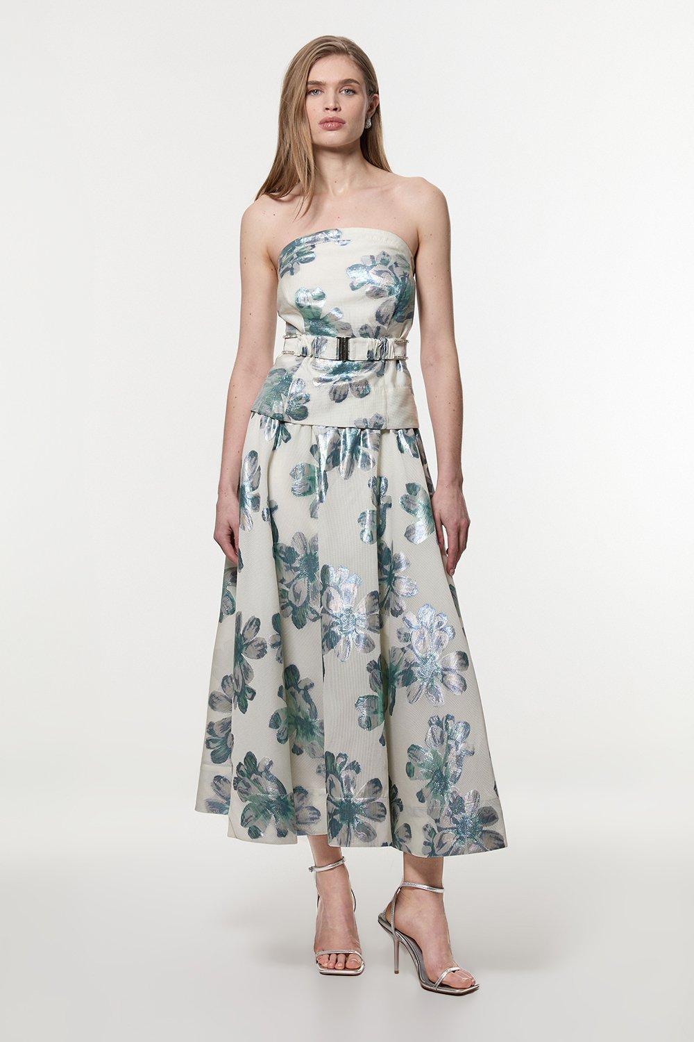 Tall Diamante Trim Bodice Detail Metallic Jacquard Prom Dress