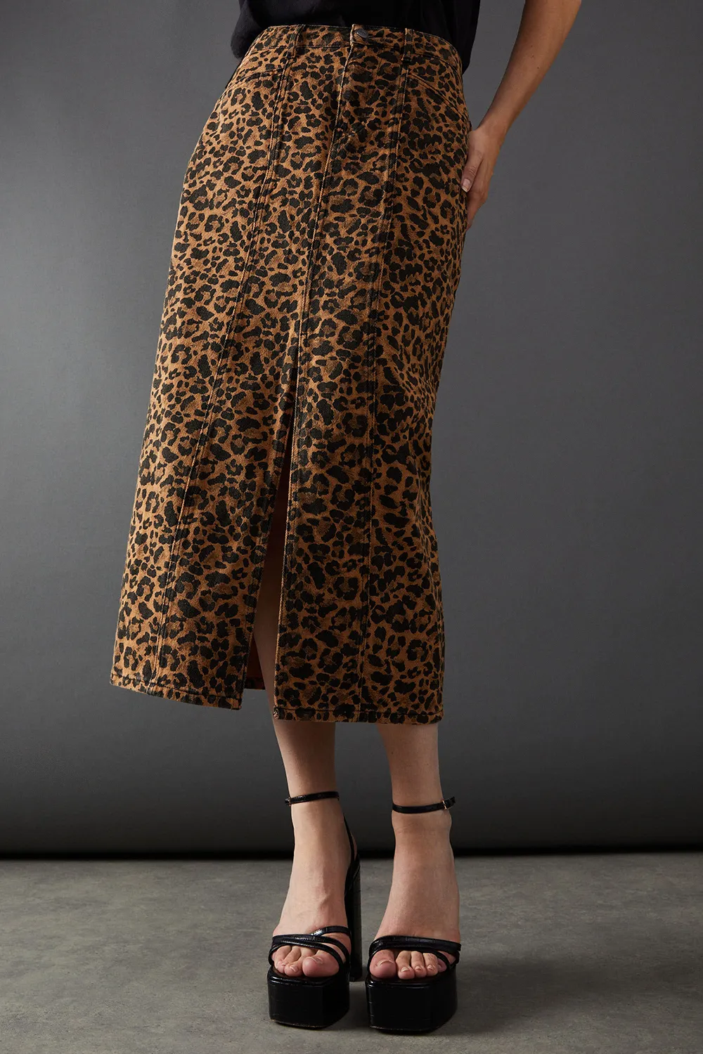 Leopard Print Denim Maxi Skirt