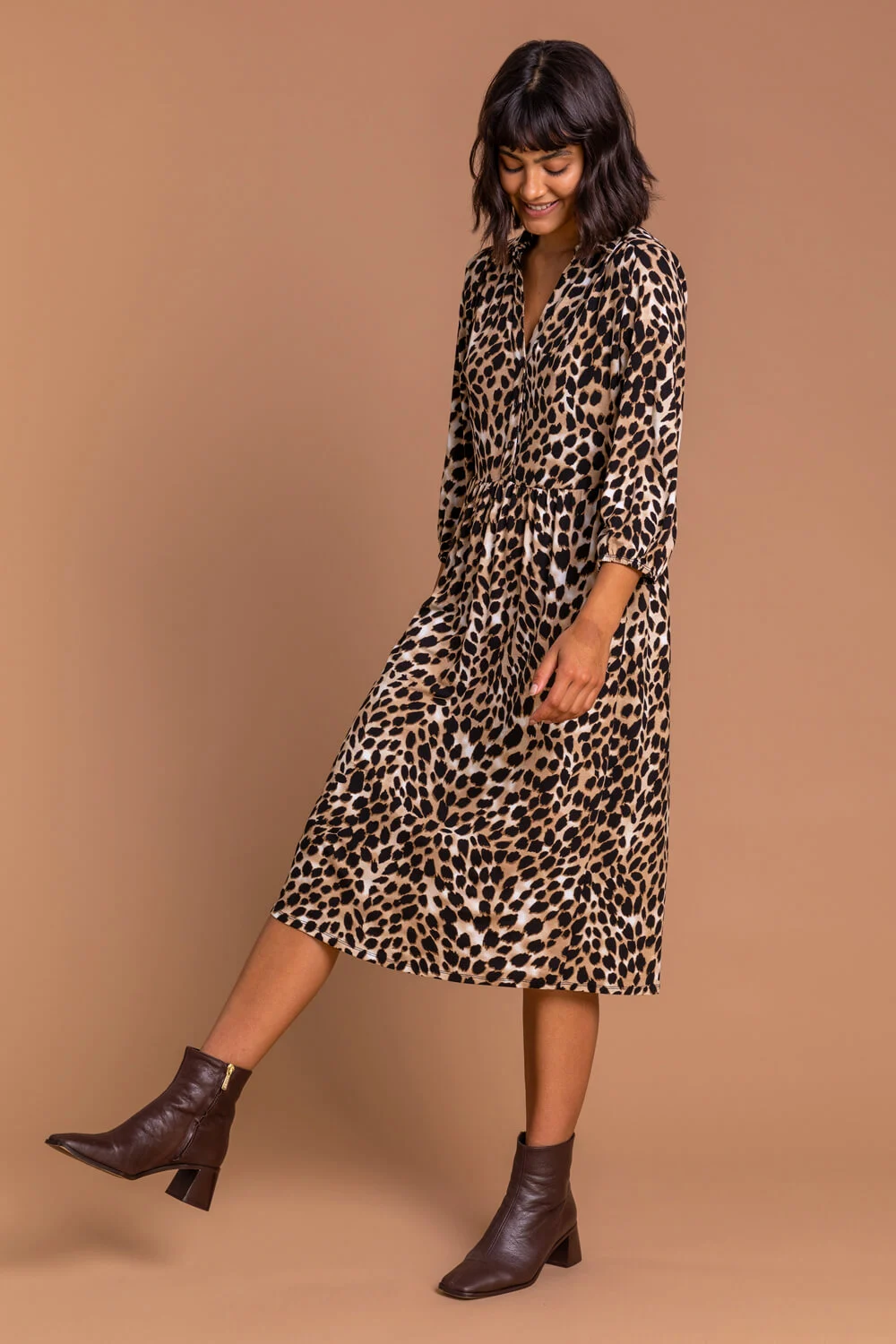 Roman Women's Animal Print Midi Shirt Dress|Size: 10|camel