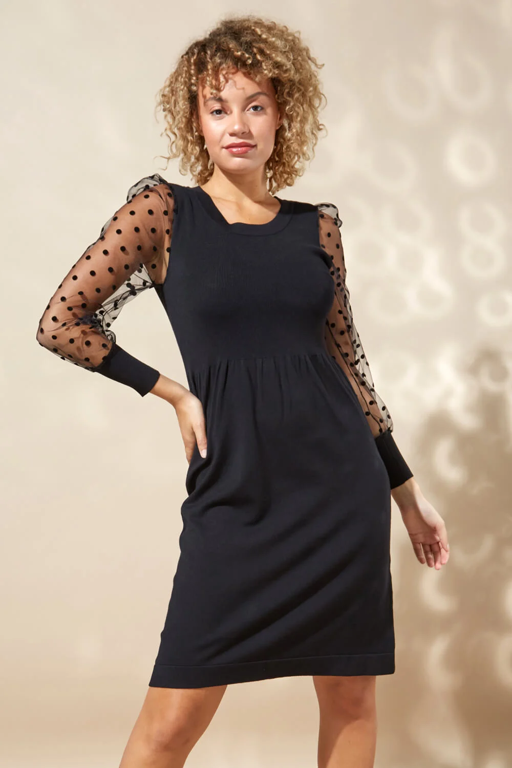 Roman Originals Flock Spot Sleeve Knitted Dress in Black