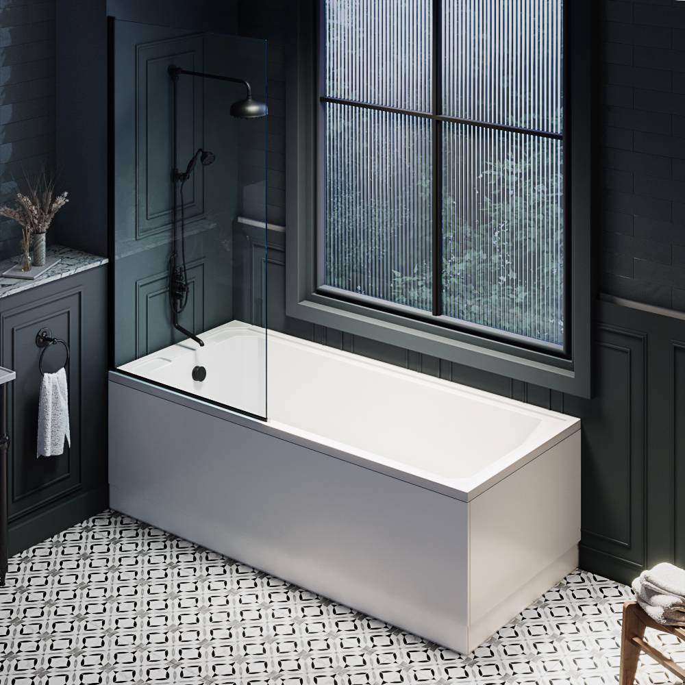 HudsonReed Milano Richmond - 1700mm x 700mm Traditional Single Ended Shower Bath with Black Bath Screen, Side and End Panel