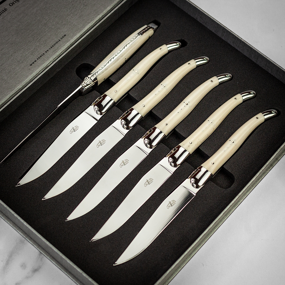 Forge De Laguiole Set of 6 Steak Knives - Shiny Bone Finish