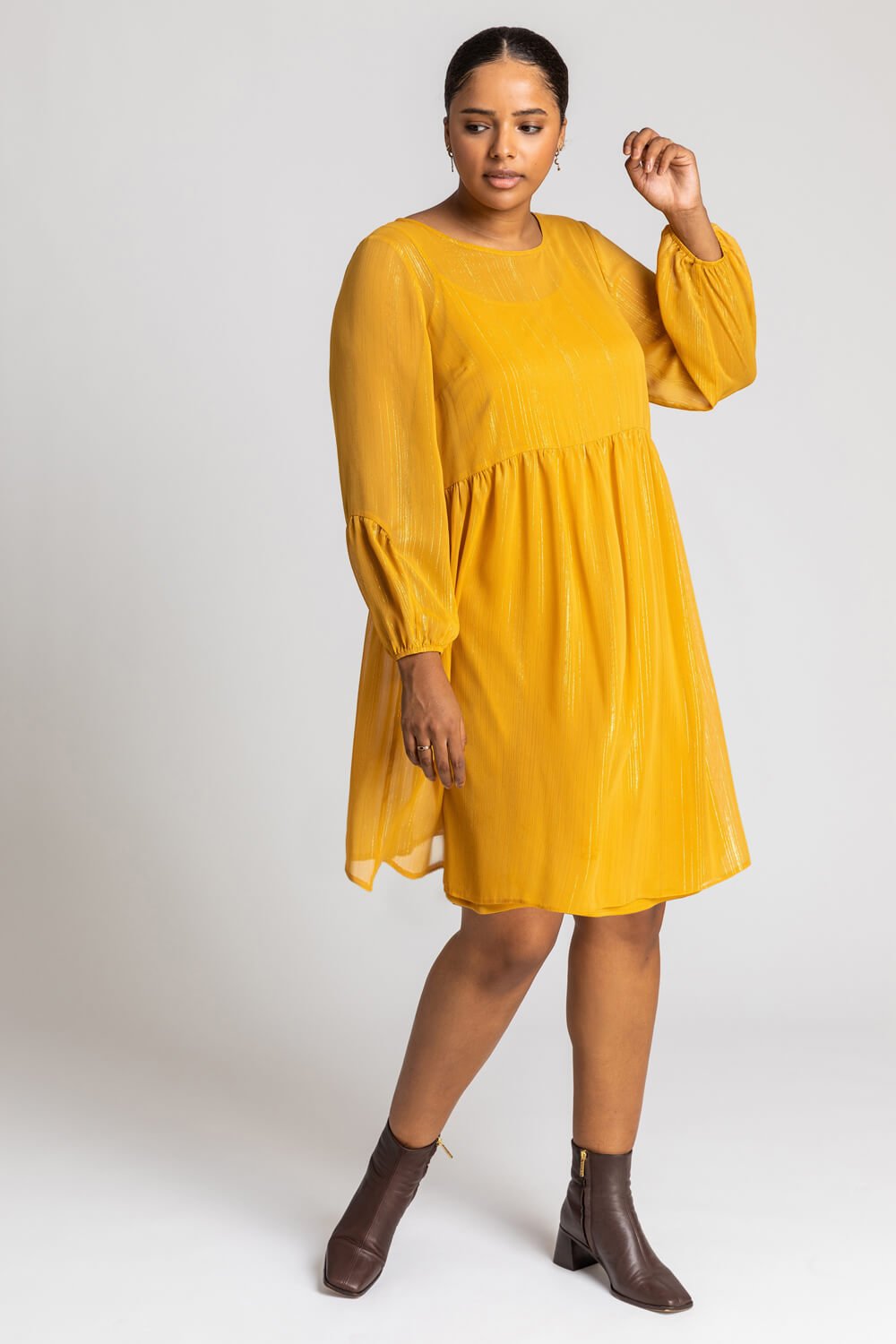 Roman Originals Rust Chiffon Lurex Stripe Smock Dress in Ochre