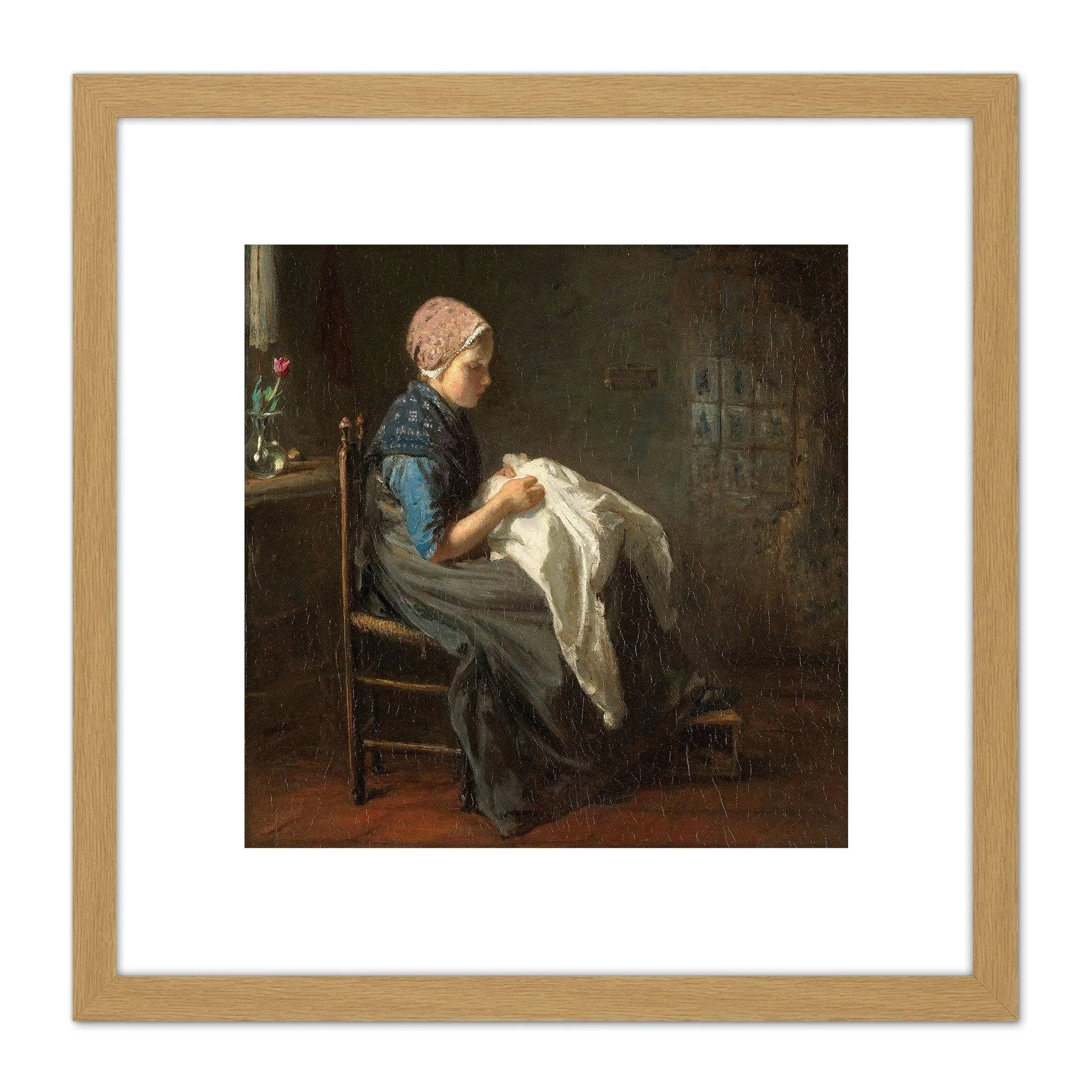 Artery8 Jozef Israels The Little Seamstress Child Painting 8X8 Inch Square Wooden Framed Wall Art Print Picture with Mount