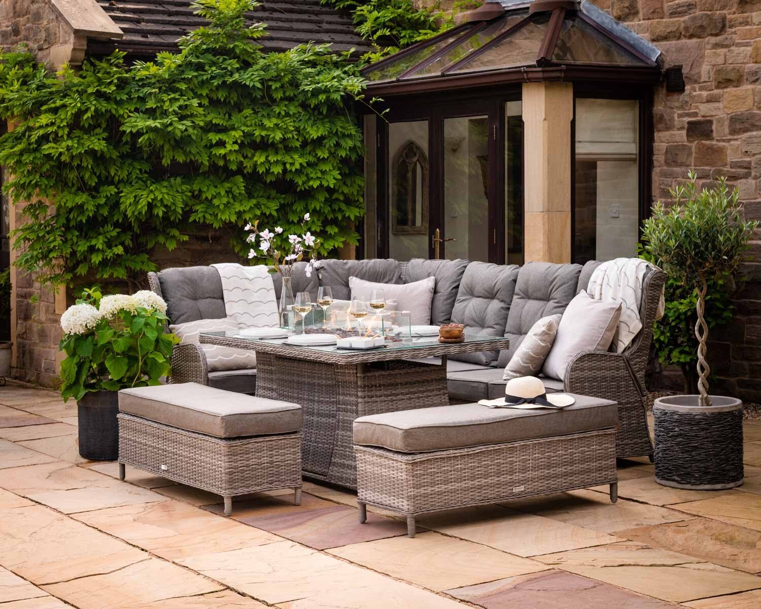 Rattan Direct Fiji Reclining Corner Sofa Set with Rectangular Fire Pit Dining Table in Grey