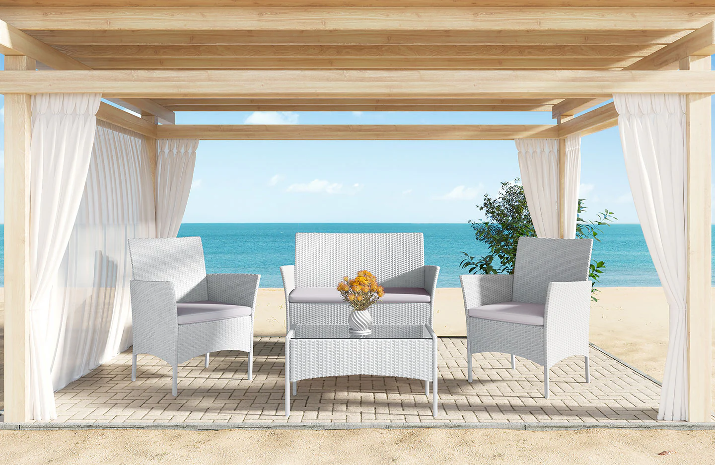 RattanTree Outdoor Furniture 4 Piece PE Rattan Patio Set with Armchairs Double Sofa Table Cushion Grey