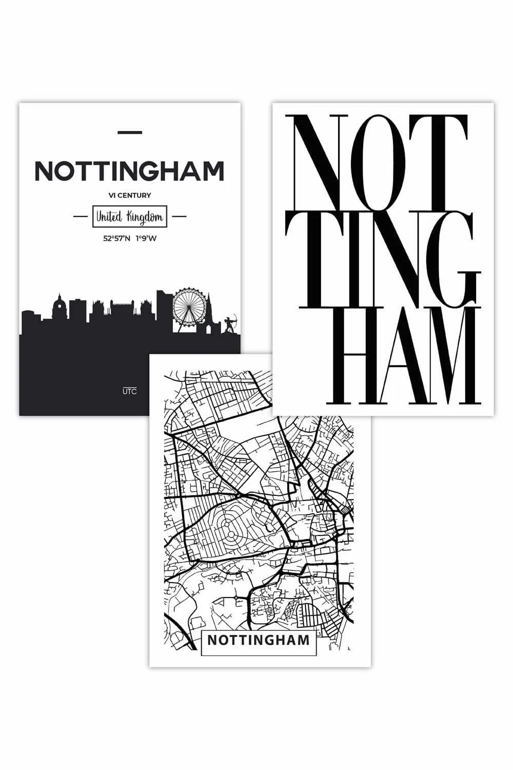 Artze Set Of 3 Nottingham Skyline Street Map City Prints Art Posters