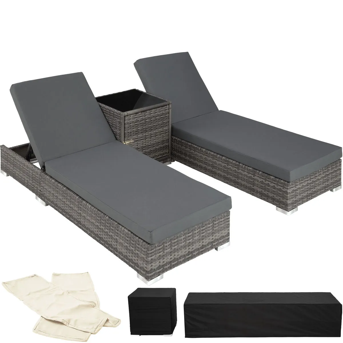 TecTake (grey) 2 sunloungers + table with protective cover rattan aluminium -