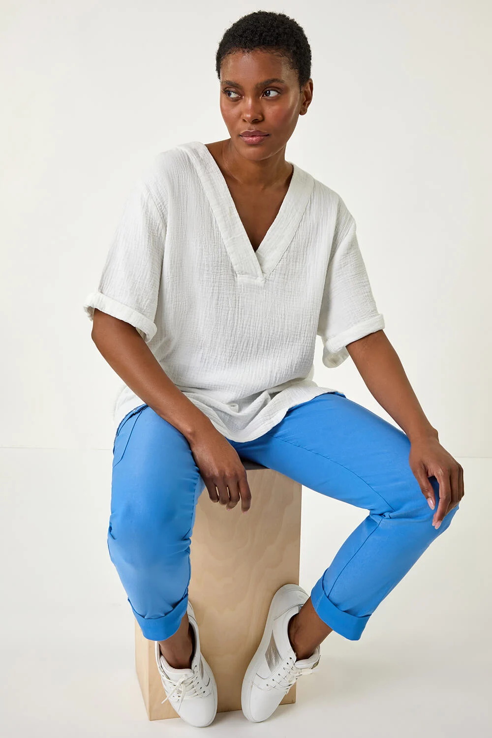 Turn Up Stretch Cargo Trousers in Light Blue