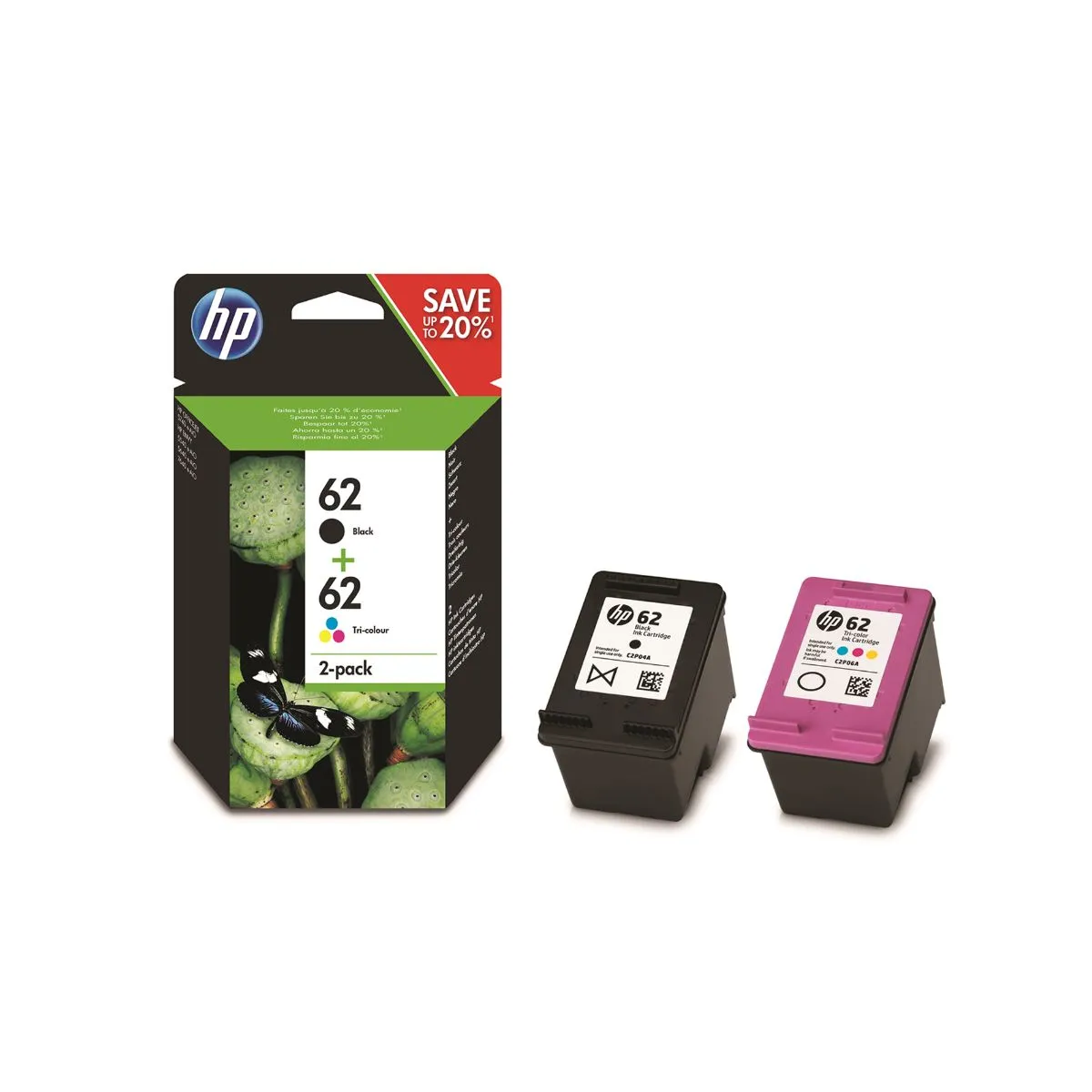 HP 62 Ink Cartridge Black & Tri-Colour Multipack, Pack Of 2