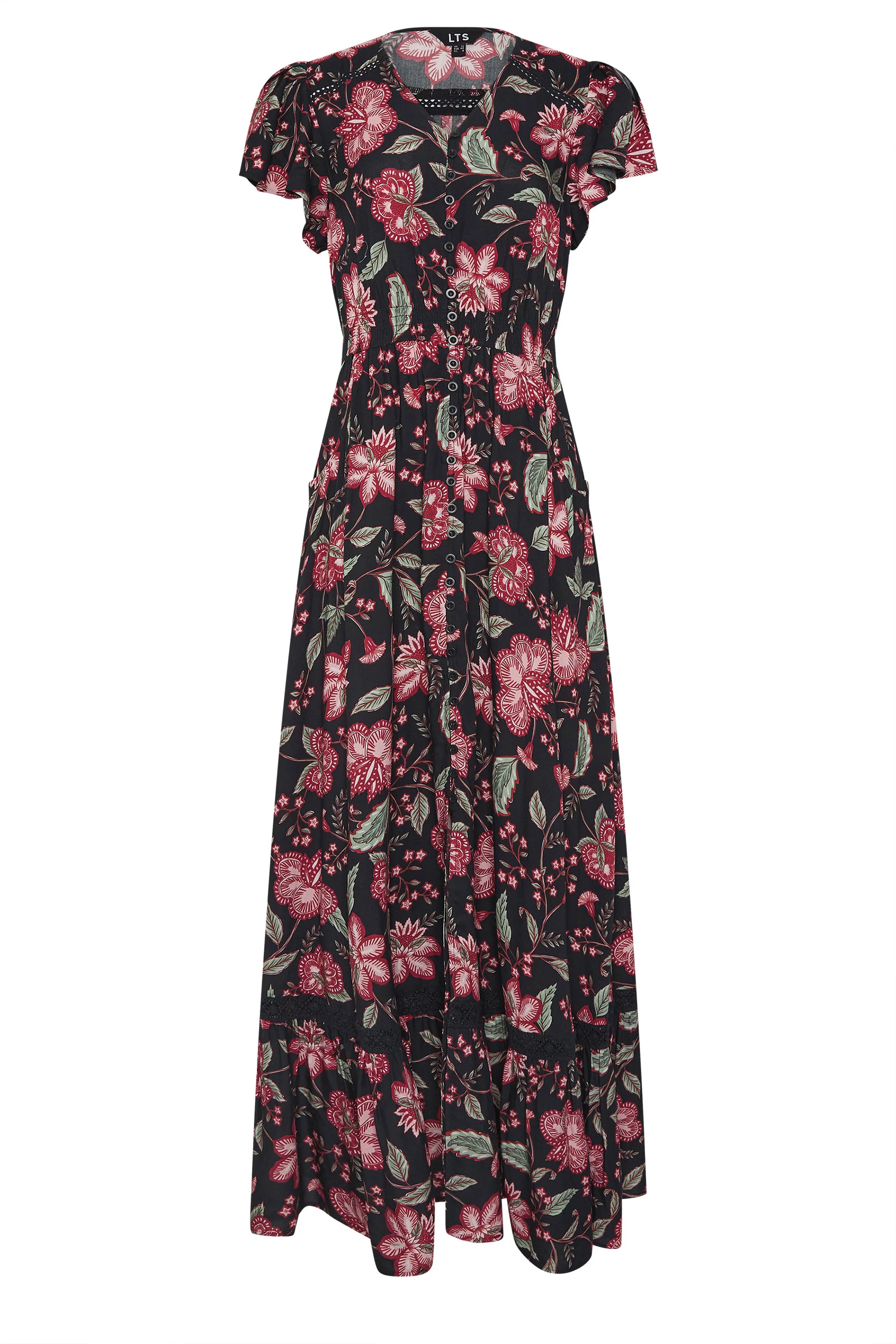 Lts Tall Black Floral Button Lace Insert Maxi Dress 10 | Tall Women's Floral Dresses