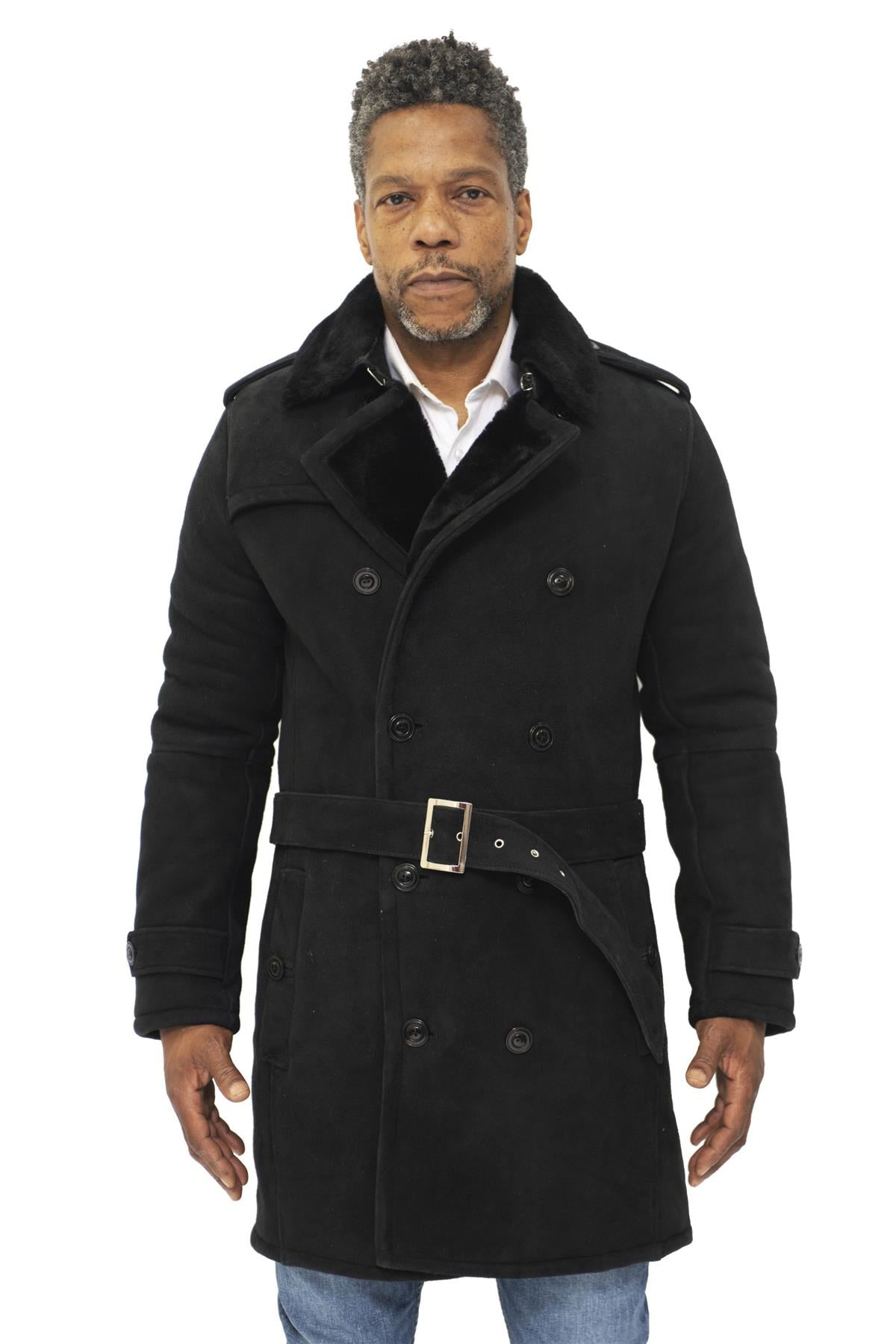 Infinity Leather Mens Shearling Sheepskin Suede Pea Coat-Cali - Black - Size 3XL