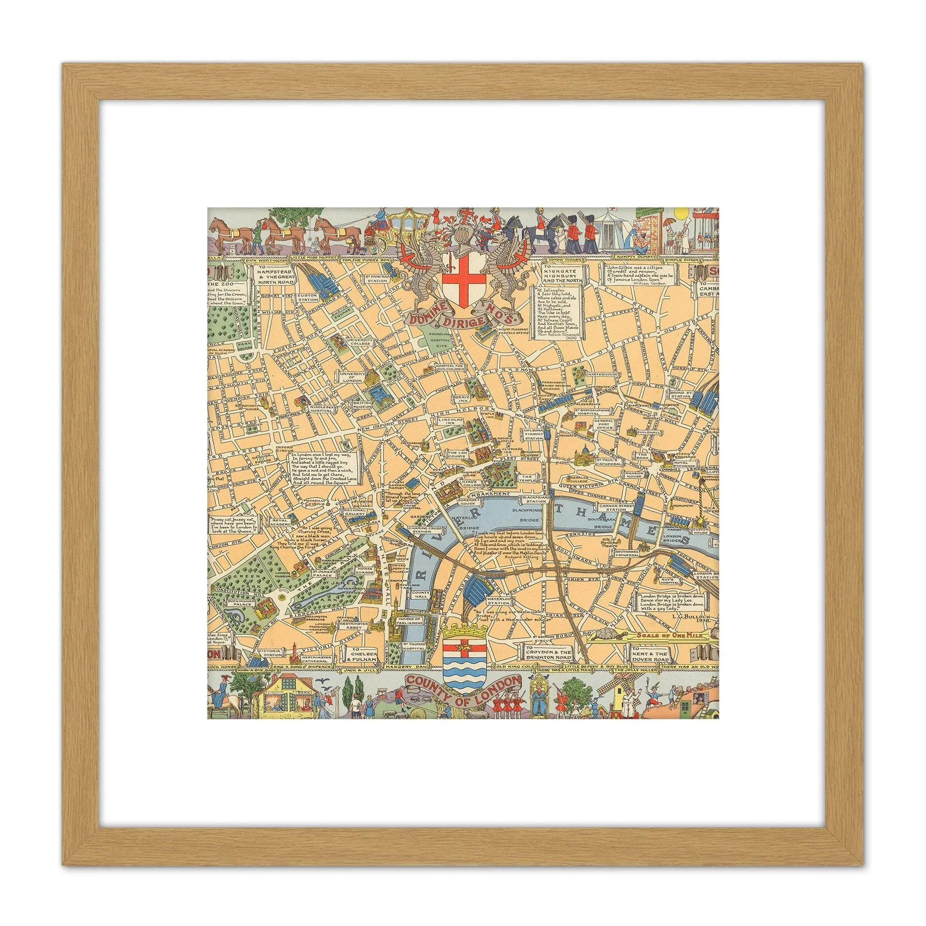Artery8 1938 Childrens Map Of London 8X8 Inch Square Wooden Framed Wall Art Print Picture with Mount