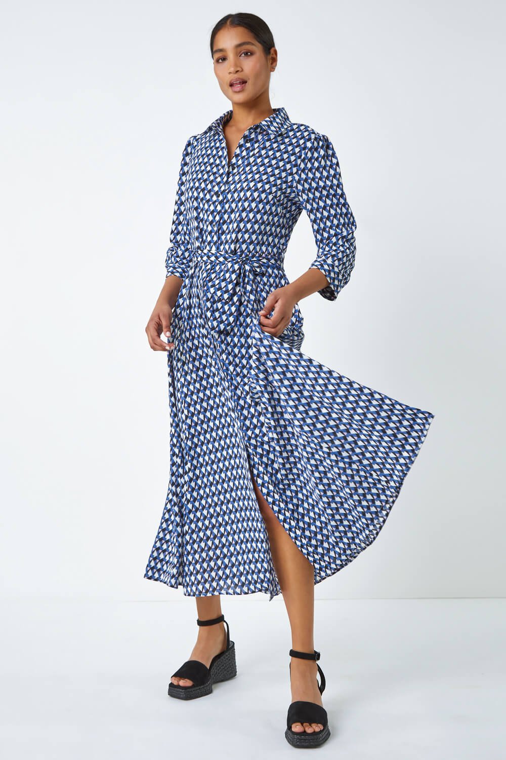 Roman Originals Geometric Print Tie Waist Midi Shirt Dress in Blue