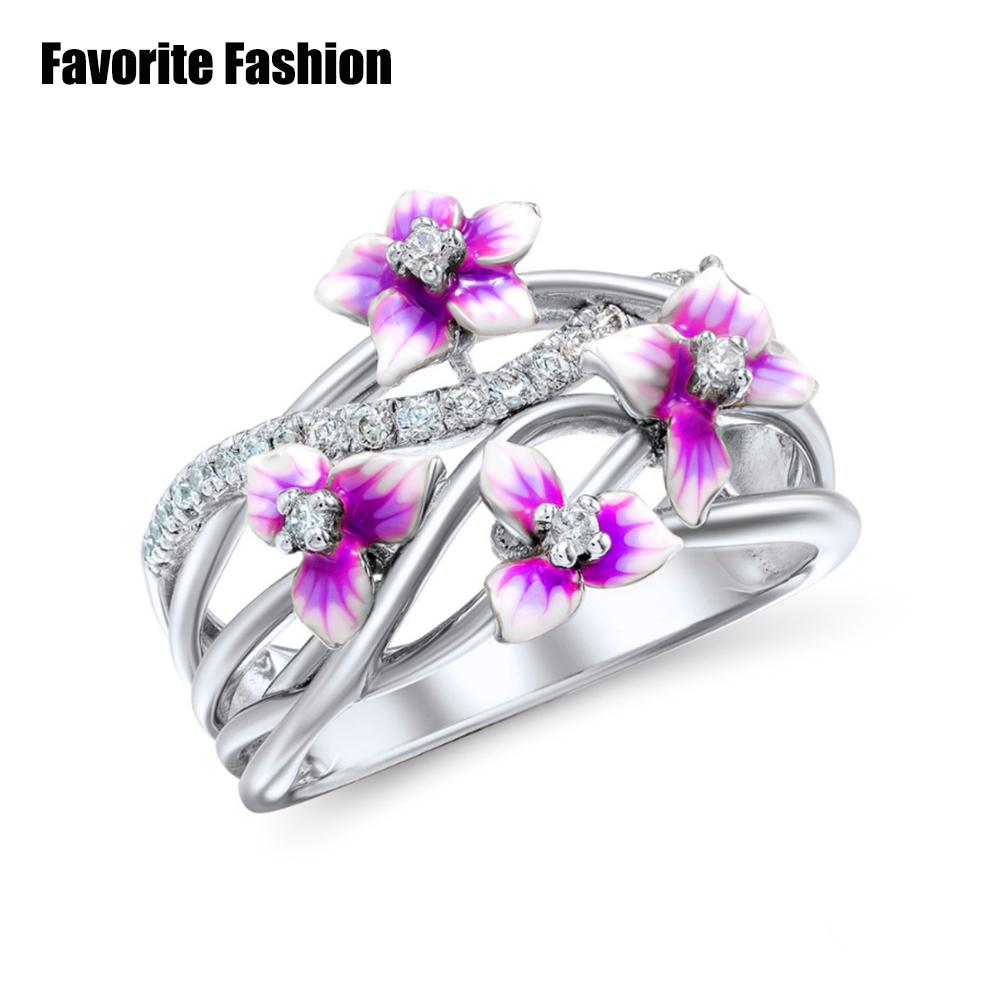 Elegant Beautiful Violet Flowers Rings 6 silver