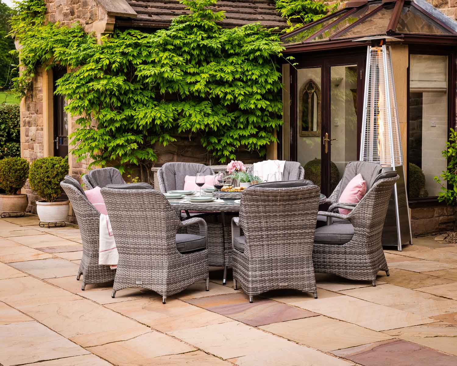 Rattan Direct Marseille 8 Rattan Garden Dining Chairs & Large Round Table with Lazy Susan in Grey
