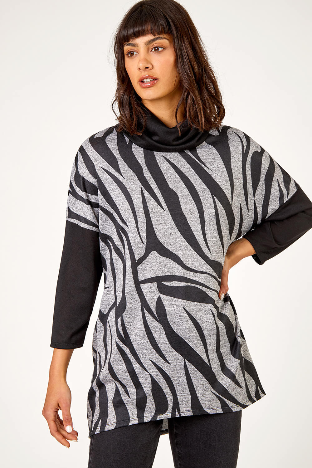 Roman Originals Animal Print Roll Neck Tunic Top in Black