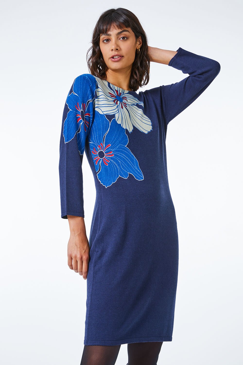 Roman Originals Floral Print Knitted Dress in Navy