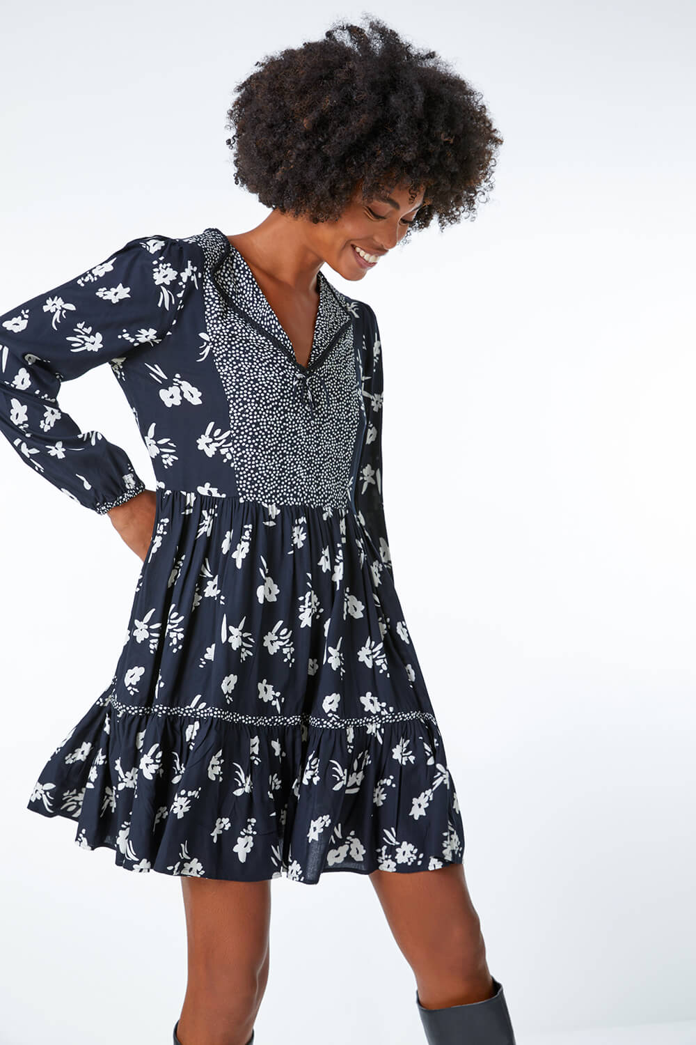 Roman Originals Contrast Floral Smock Dress in Black