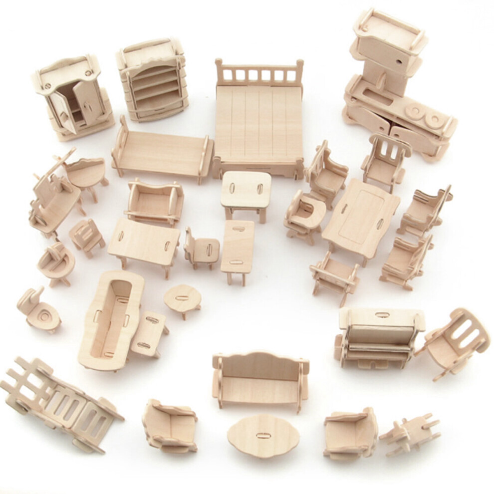 Unbranded 34Pcs Set Vintage Wooden Furniture Dolls House Miniature Toys Kids