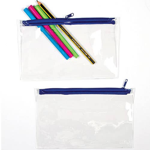 Baker Ross Clear Pencil Cases - 10 Transparent Pencil Cases with metal zip top. PVC pencil case size 20cm x 12cm.