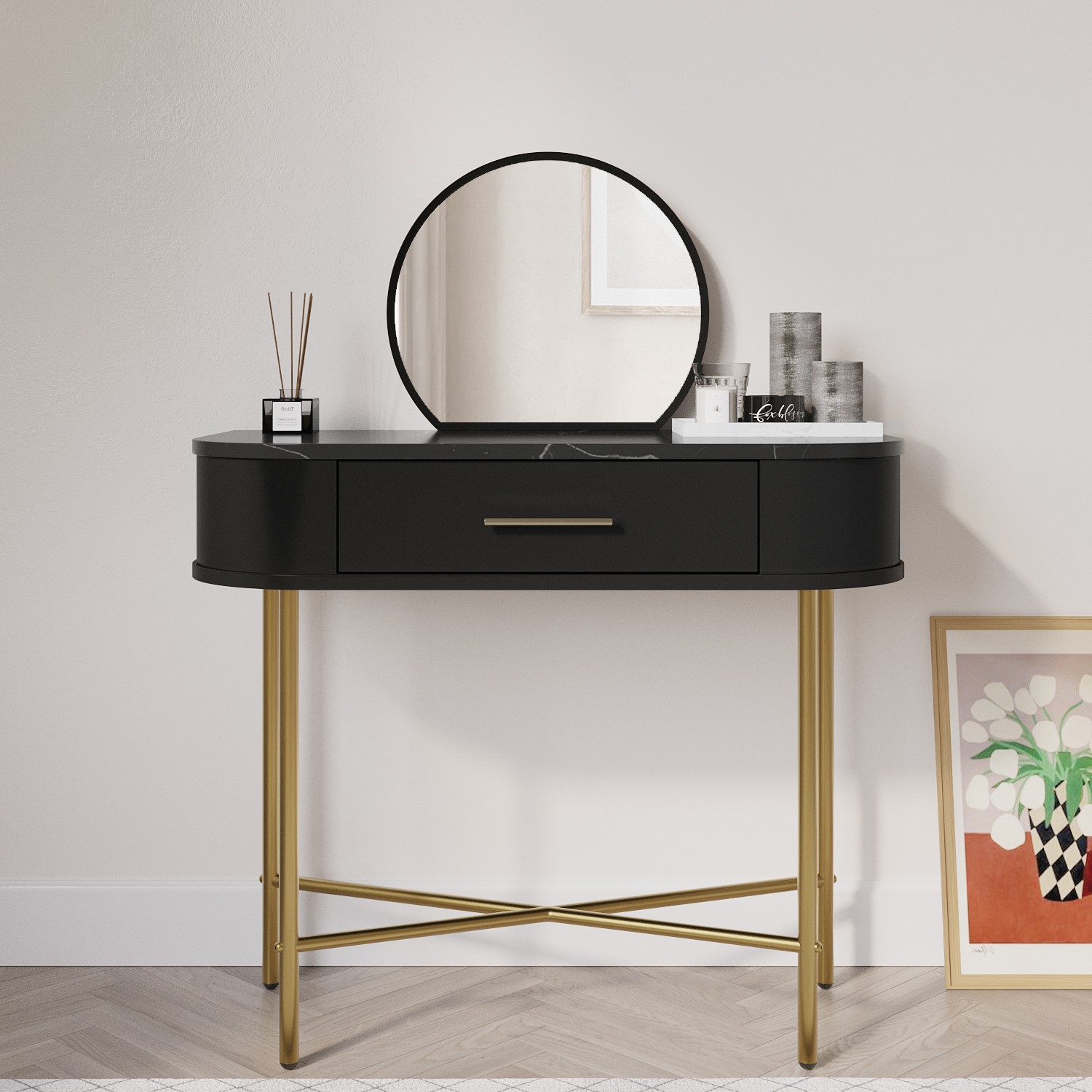 Gigi Small Black Marble Top Dressing Table With Mirror And Storage Drawer -