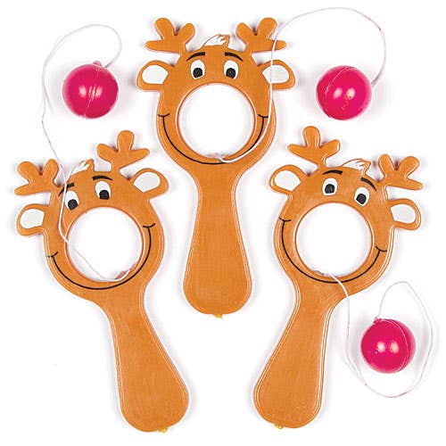 Baker Ross Reindeer Bat & Ball Games- 5 Catch A Ball Games For Kids. Stocking Filler Games. Hand Eye Coordination Toys For Kids. Size 10cm.