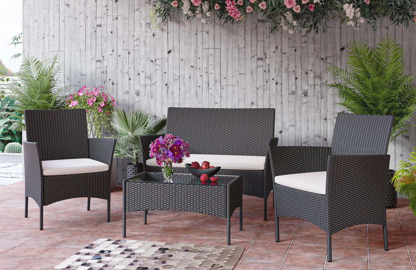 RattanTree Rattan Garden Furniture 4 Piece Patio Set with 2 Single Chairs, 1 Double Sofa and 1 Table Black