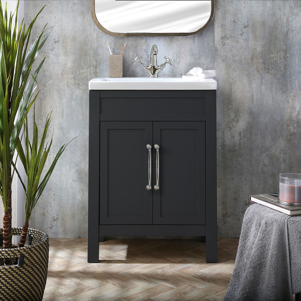 HudsonReed Milano Aston - Black Grey 600mm Traditional Vanity Unit with Basin and Chrome Classic T-Bar Handles