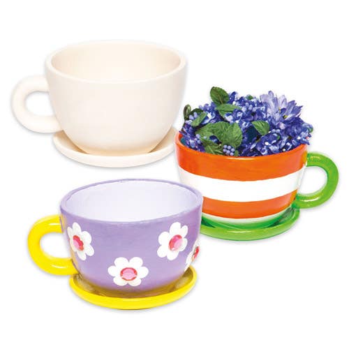 Baker Ross Cup and Saucer Ceramic Planters - 2 Paint Your Own Tea Cup Kits. Plant pots to paint & decorate. 12cm x 10cm x 7.5cm.