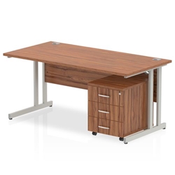 Impulse Bench 1400 X 800mm Straight Office Desk Walnut Top Silver Cantilever Leg