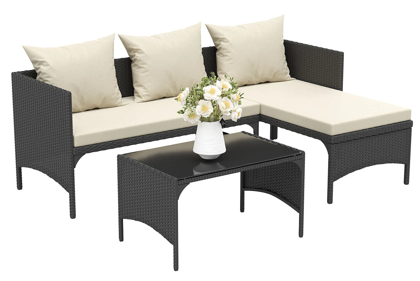 RattanTree 3Pcs Outdoor Rattan Furniture Patio Sofa Set with Loveseat Lounge Chair Table Black