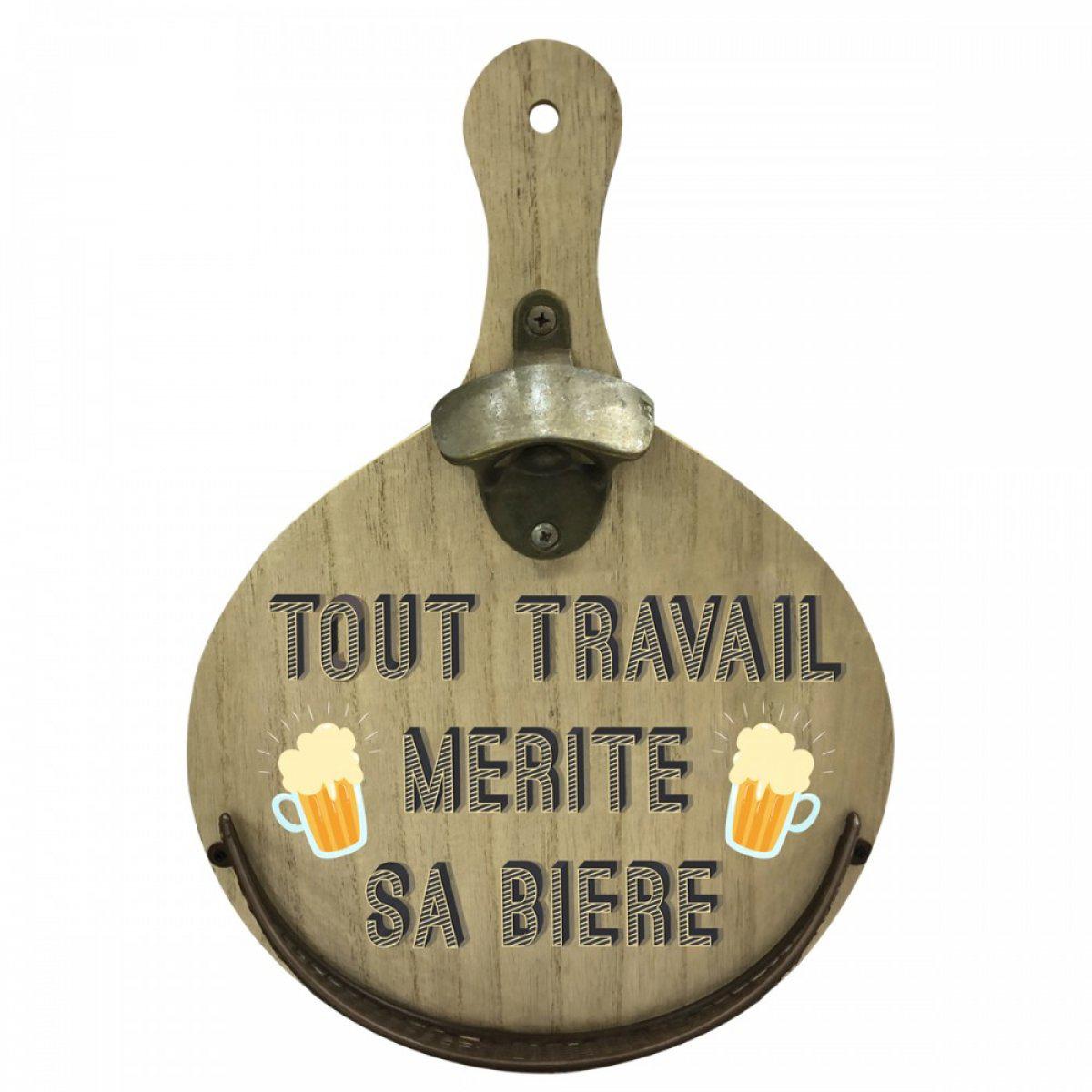  [A1974] - Wooden plank wall bottle opener 'All work deserves its beer' - 34x23 cm brown