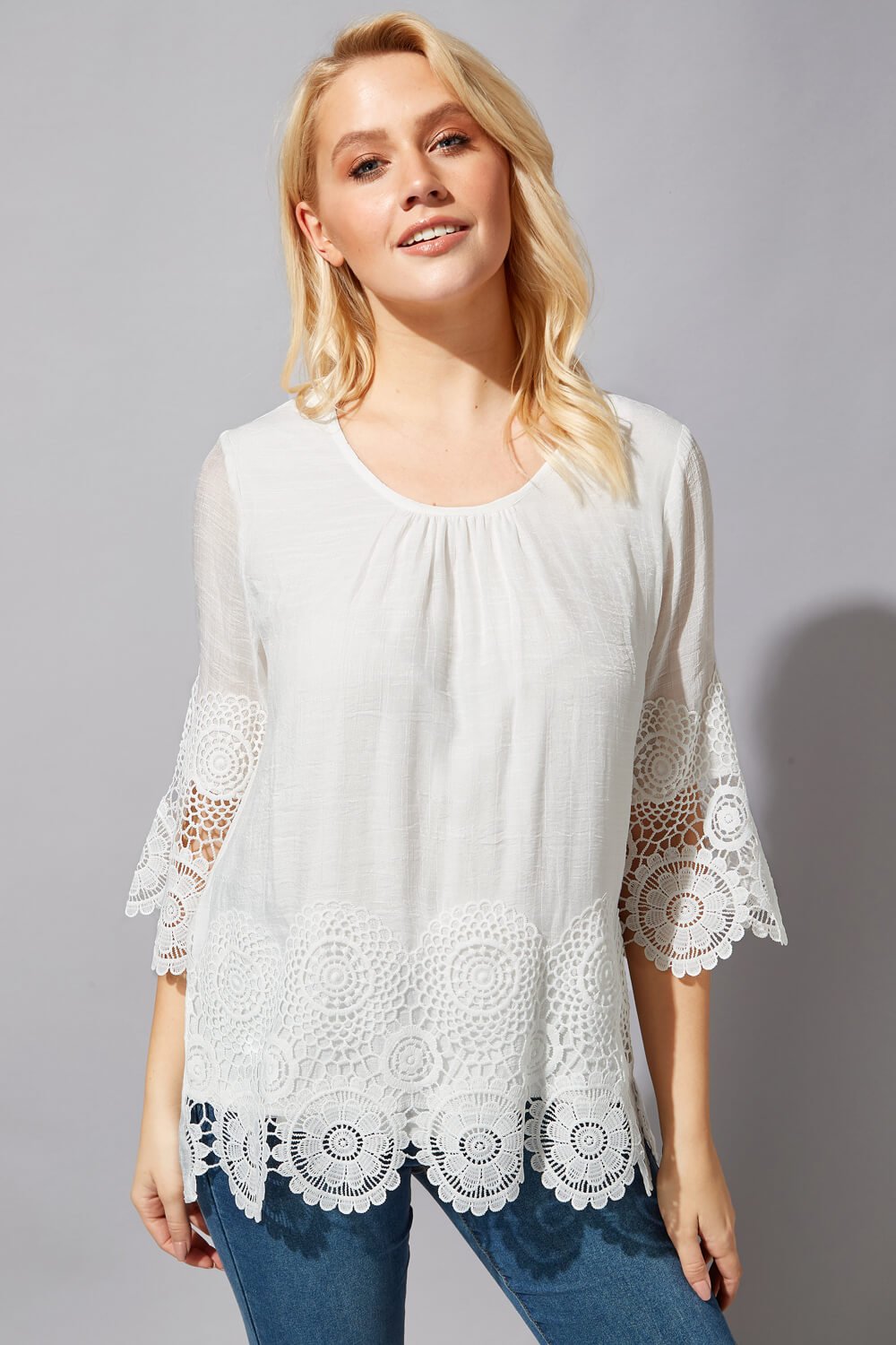 Roman Women's Lace Hem Tunic Top|Size: 10|ivory