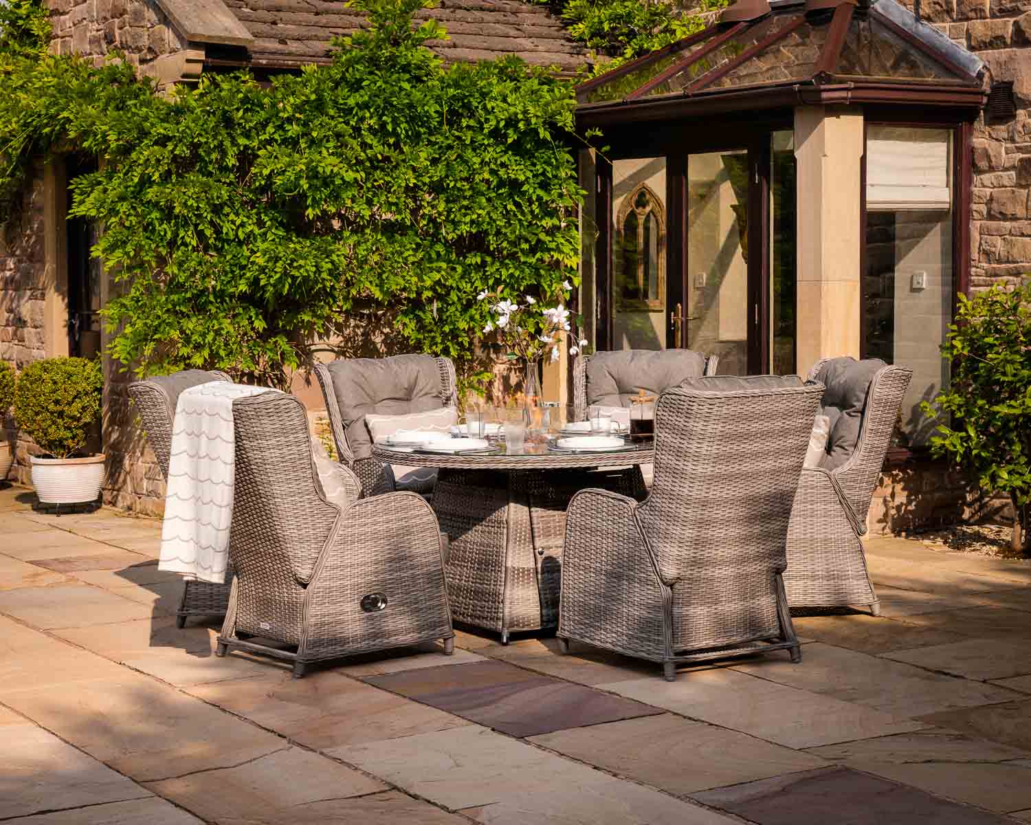 Rattan Direct Fiji 4 Reclining Rattan Garden Chairs &amp; Round Fire Pit Dining Table in Grey