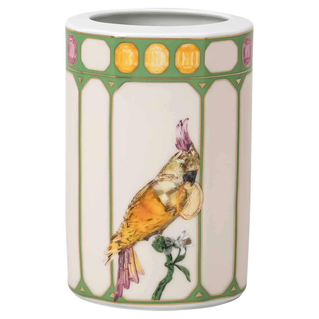Swarovski Idyllia vase, Porcelain, Crystal print motif, cockatoo, Small, Multicoloured