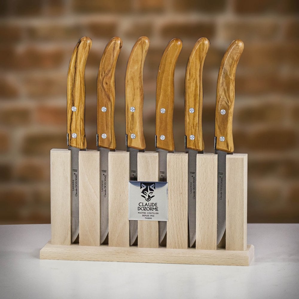 Claude Dozorme Wooden Rack Grill Range 6 Steak Knives - Olive Handles
