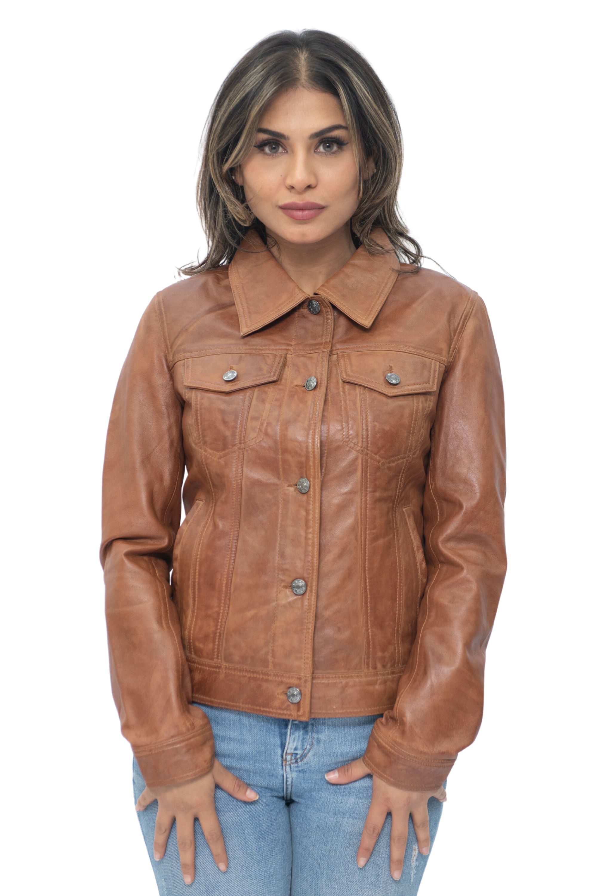 Infinity Leather Womens Trucker Jeans Jacket-Anderlecht - Tan - Size 16 UK