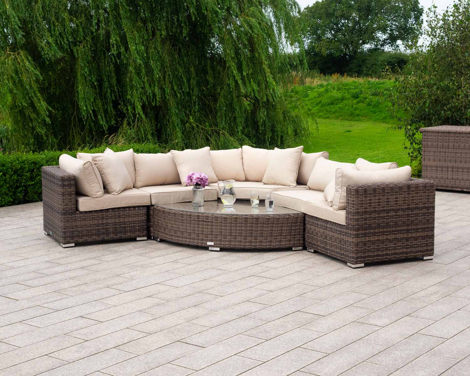 Rattan Direct Rattan Garden Corner Sofa Set in Truffle Brown &amp; Champagne - 6 Piece Angled - Florida