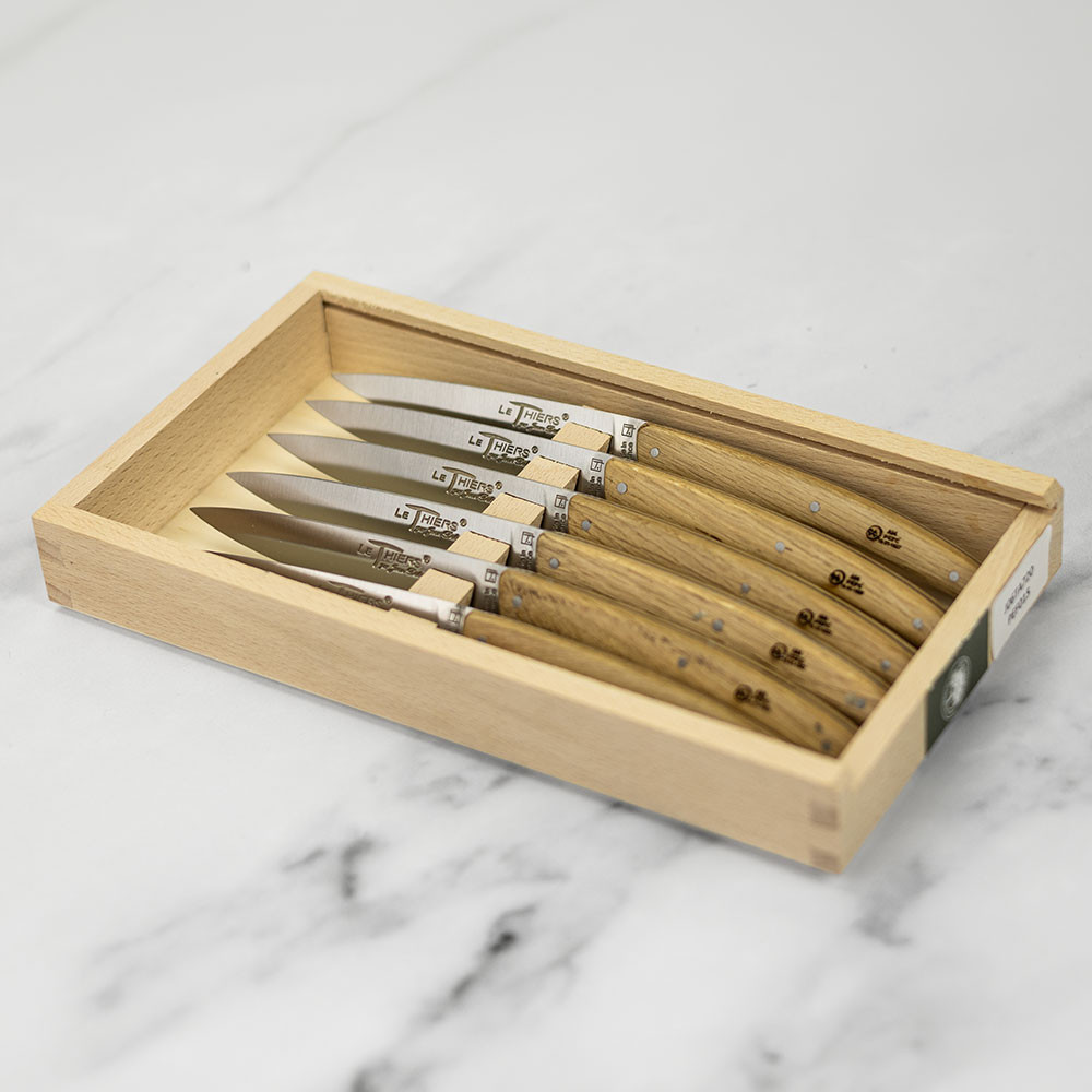 Jean Dubost Le Thiers Steak Knives 6 Piece Set with Oak Handles