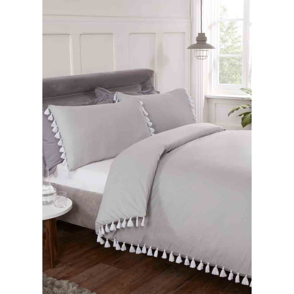 Chunky Tassel Trim Grey Duvet Cover Set - Double
