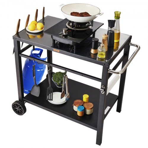  Outdoor Grill Dining Cart with Double-Shelf, BBQ Movable Food Prep Table, Multifunctional Iron Table Top, Portable Modular Carts for Pizza Oven,