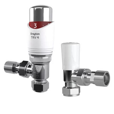 DRAYTON 07 05 180 White/chrome Angled Thermostatic Radiator Valve & Lockshield (Dia)15mm